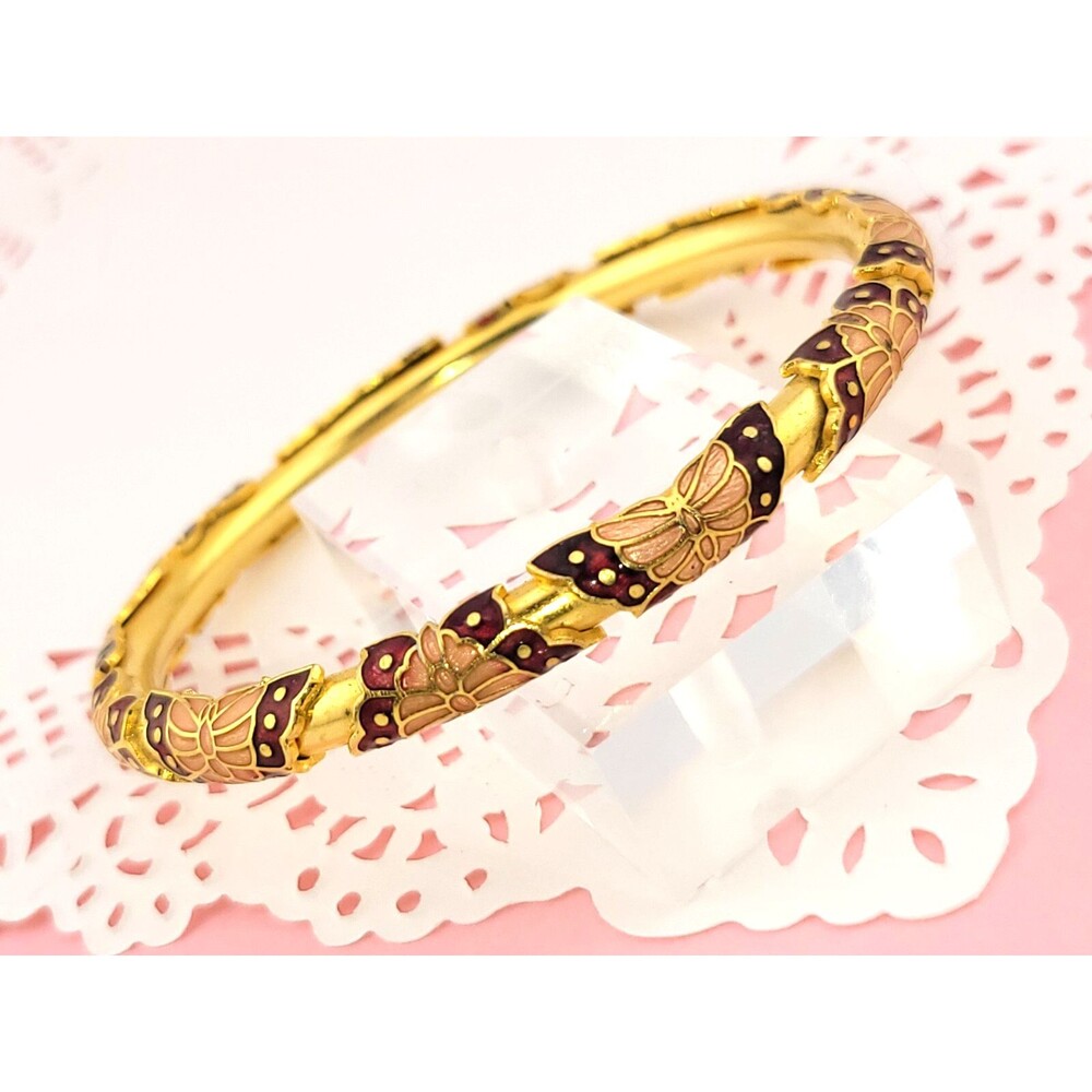 Beautiful Vintage Red Pink Butterfly Cloisonne Enamel Bangle Bracelet Golden Med